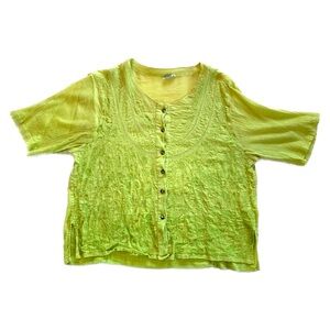 Spring green button front embroidered blouse M